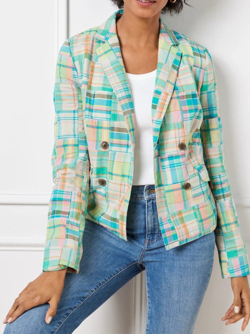 Talbots Women's Size 16 Madras Patchwork Double Breasted Blue Green Jacket NEW